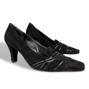 Werner Black Suede Brazilian Leather Square Toe Loafer Strap Pump Heel Sz 7.5